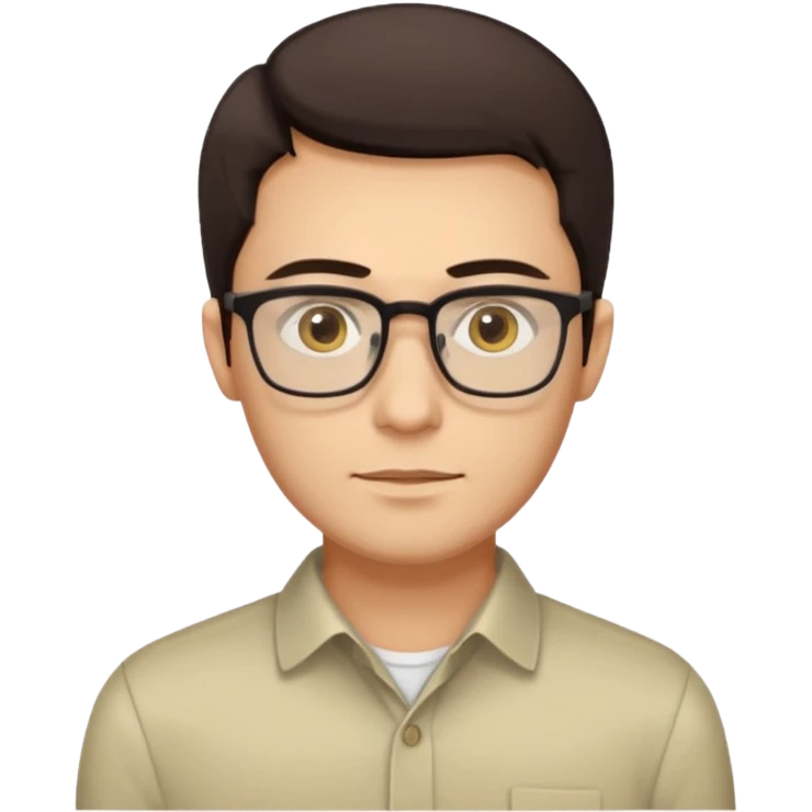 a young man around 30 years old, dark brown eyes, with dark brown hair, longer rectangular face, light yellow skin color, small eyes with rectangle shape glasses, without beard, no forehead wrinkles, wear shirt emoji