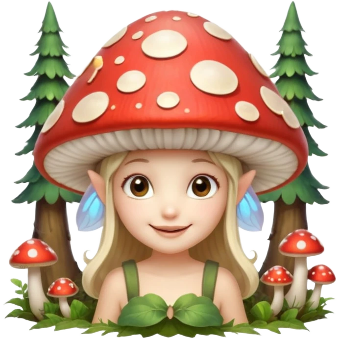 mushroom fairy portrait, head and shoulders only, wearing a large mushroom cap hat, tiny glowing wings visible behind shoulders, cute magical smile, forest fantasy vibe, 3D cartoon, mobile game icon style, clean background, no text, no watermark emoji