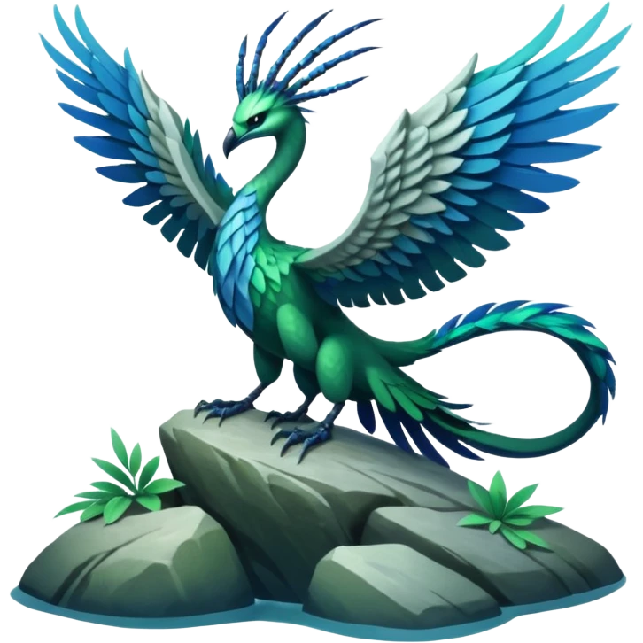 Ikran mountain banshee from Avatar The Way of Water, perched on a rock, wings folded, blue and green colors emoji