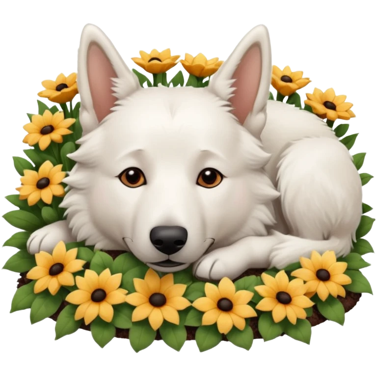 White Belgian shepherd dog with Brown eyes sleeping On a flowerbed emoji