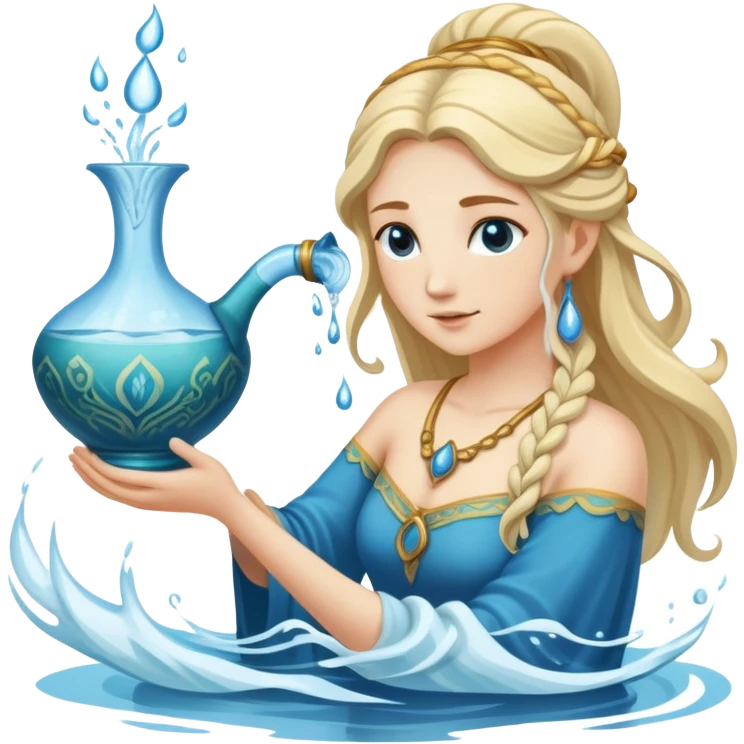 The zodiac symbol Aquarius. A mystical beautiful water bearer, pouring water into the sea from a large, intricate, and arcane vase emoji