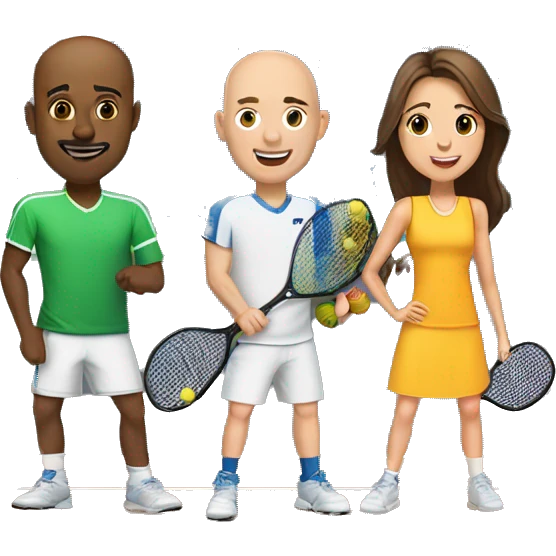1 tall bald male, 1 shorter brown hair male, 1 girl with long brown hair, 1 girl  with brown hair all playing pickleball emoji