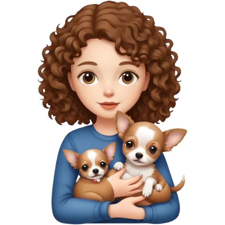 white girl with curly brown hair holding a chihuahua puppy emoji