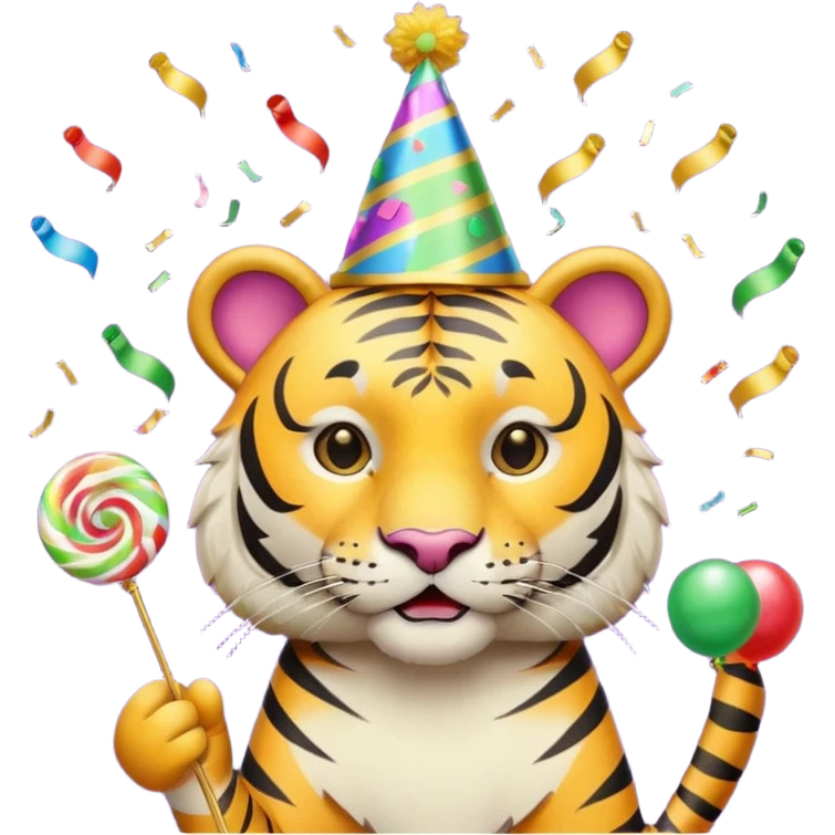 Party Tiger with a party hat and a party popper emoji