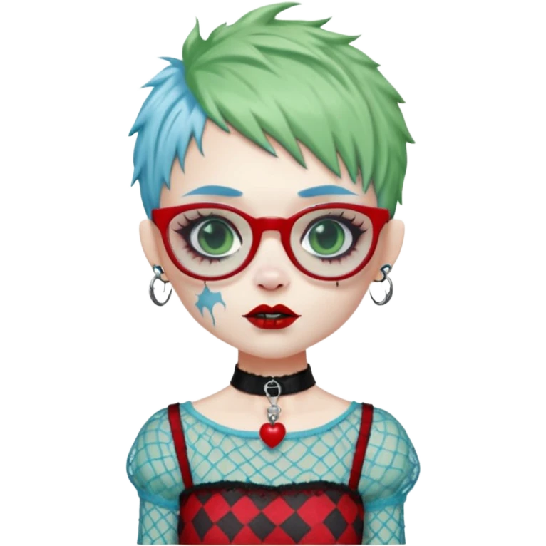 Ghoulia yelps monster high doll in scene/emo style cherry print dress with fishnet sleeves, clothes, thin, small, red, rectangle glasses, pale white-blue skin, pale-green shaggy pixie-cut , zombie scars , boy, punk choker emoji