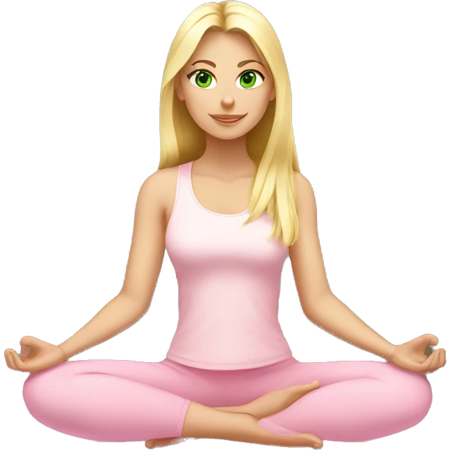 blonde long hair and green eyes yoga girl in light pink clothes sitting on a yoga mat emoji