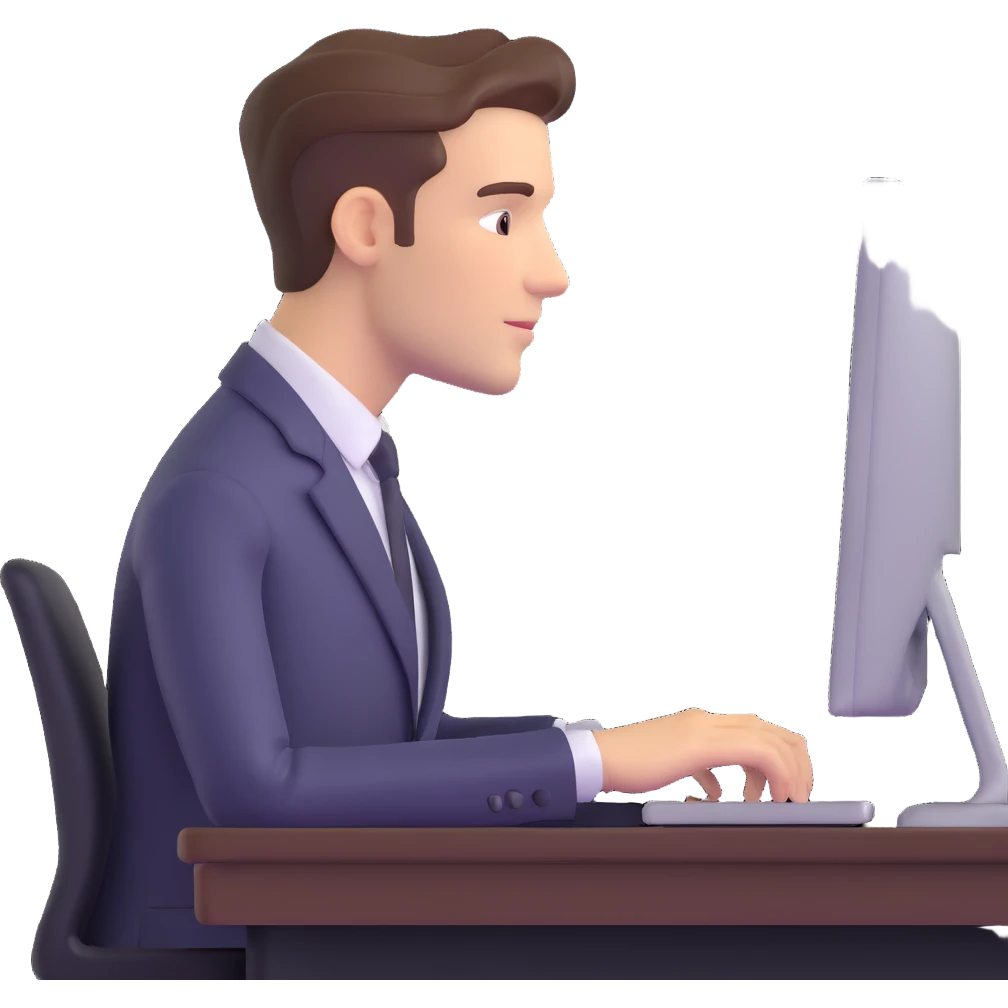 hombre con vestimenta semi-formal, de perfil, frente a una computadora en una mesa sencilla emoji