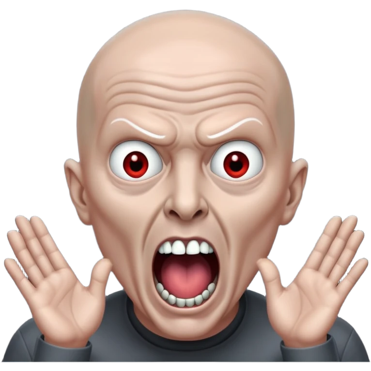 Rick Astley with bald grey head possessed by a demon because there is tons of fingers in front of his face and he has no pupils and his body and clothes are gray too and he has his mouth open and he only has 2 teeth and that is his middle lower teeth and the background is pitch black emoji