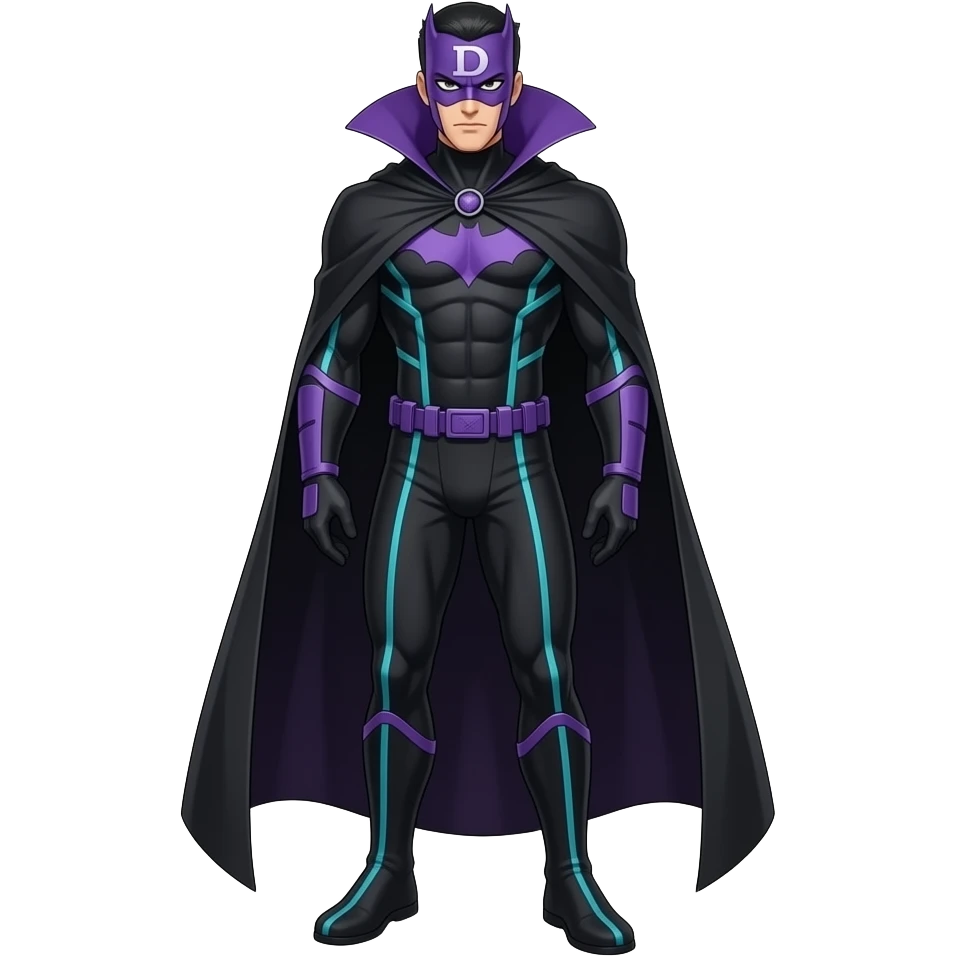 Anime men supervillain dark purple and cyan lines long black cape letters D purple masks full body emoji