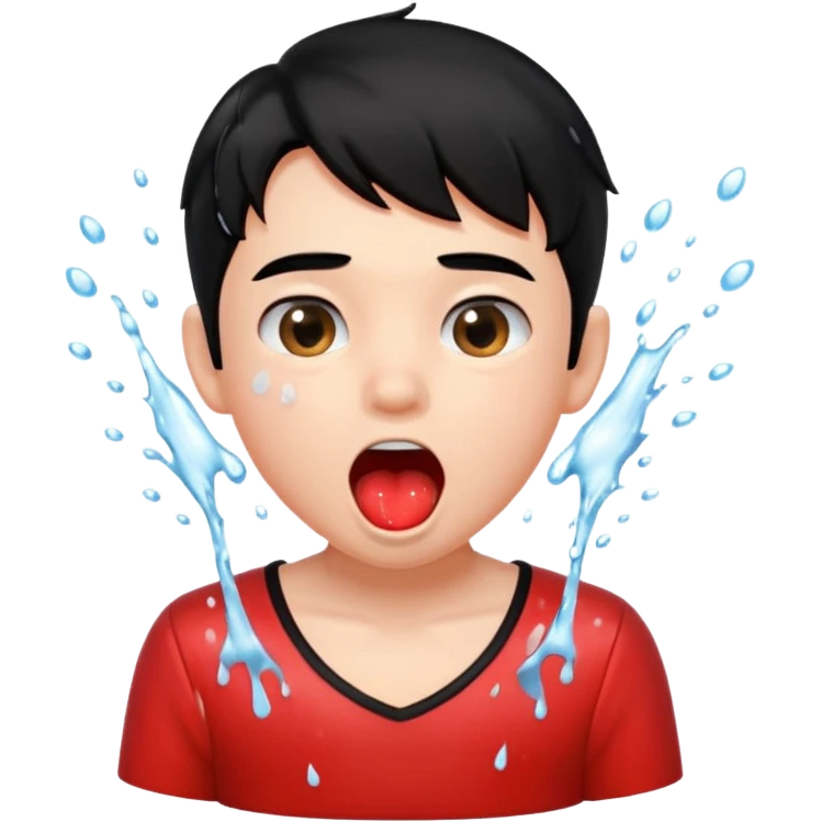 a peach splashing water in boy's mouth above his head with black hair and red dress emoji