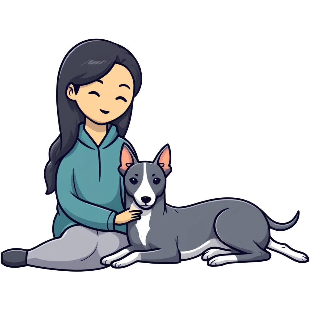 Very thin Chinese woman with long black hair relaxing in a luxurious hotel suite with exactly ONE whippet dog. EXTREME IMPORTANCE: the whippet must be ONE SOLID VERY DARK CHARCOAL GREY COLOR from nose to tail with ABSOLUTELY NO WHITE MARKINGS anywhere - NO white on face, NO white on muzzle, NO white on chest, NO white on paws, NO white on tail - NOTHING BUT A SINGLE SHADE OF VERY DARK GREY throughout the entire animal emoji