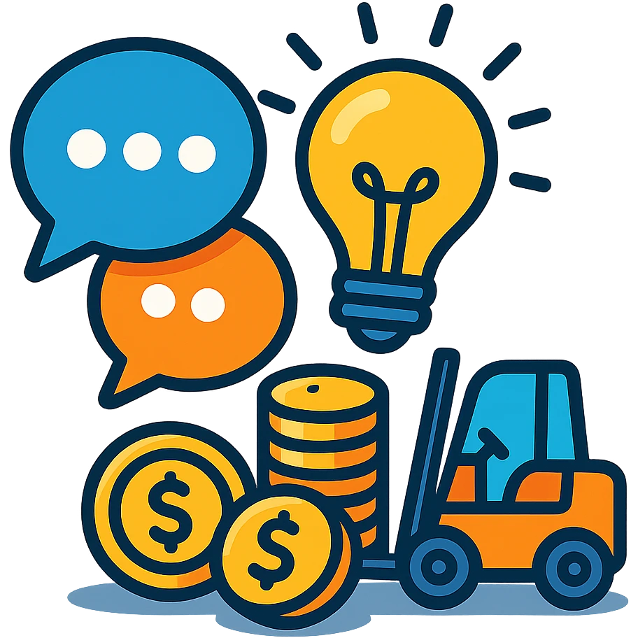 emoji representing a group of speech bubbles, a light bulb, gold coins, and a small forklift, all gathered in a joyful and expressive composition emoji