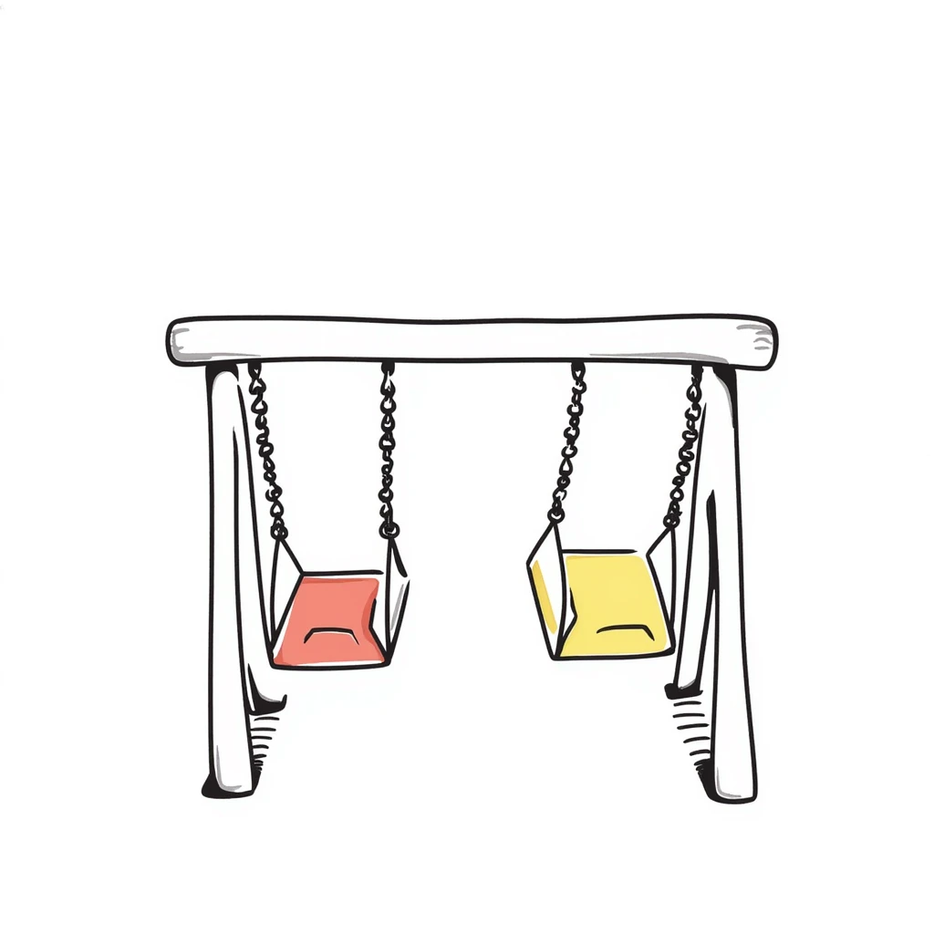 Children's playground swing set with seats in pastel colors (dd9fb0, ffc6d3, a3bfc9, c4bee2, f1b091), hand-drawn doodle style emoji