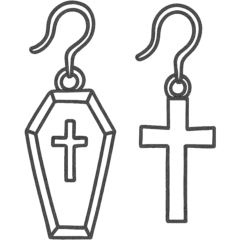 goth earrings, coffin and cross, mismatched pair, gothic symbolism emoji