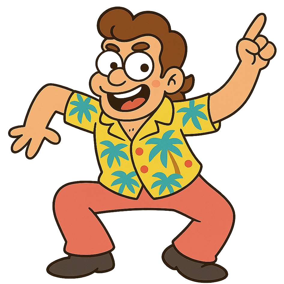 Make Shimmy Jimmy jiggle side to side, as if dancing, keep cartoon style and energetic expression, lively movement emphasized in chibi stickers style. emoji