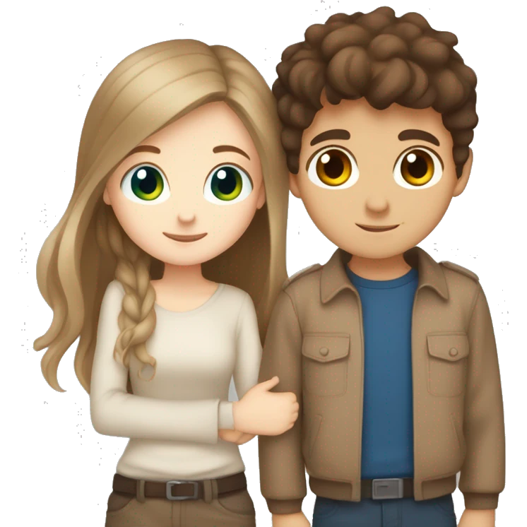 white girl with blue eyes and brown hair hugging tan boy with brown hair and brown eyes cute emoji