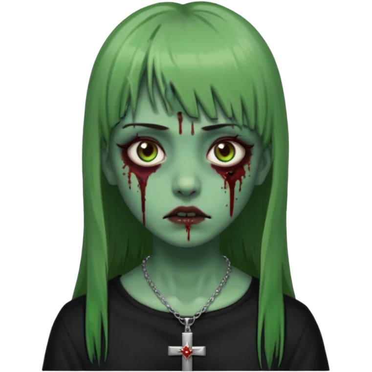 Zumbi verde com olhos castanhos aspecto de que tá sangrando, uma franja reta um piercing do lado esquerdo do nariz, roupa preta e crucifixo como colar, e também delineador emoji