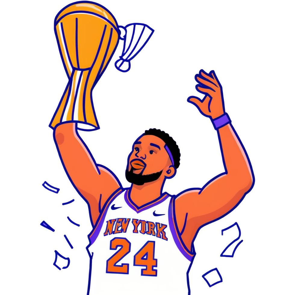 New York Knicks basketball player celebrating with NBA championship trophy, confetti, blue and orange emoji