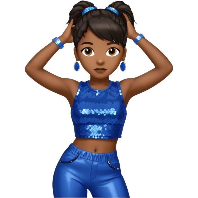 Left Eye from TLC with long dark brown ponytail hair, blue sequin crop top and pants emoji