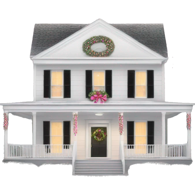 White Plantation house with pink and white Christmas lights and decorations emoji