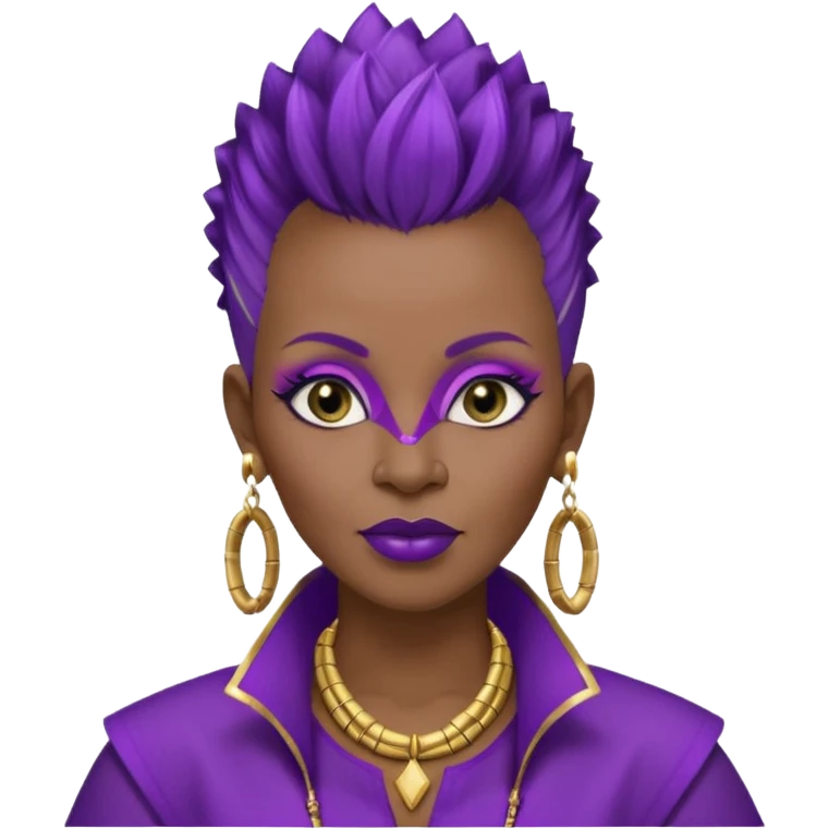 57yr old Qeen black woman with a natural hair mohawk style haircut adorning purple royalty clothing and purle lipstick and eyeshadow purple,  with a nose studs on each side. Wearing gold square  bamboo earrings  emoji