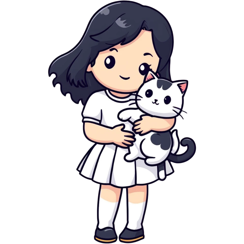 A beautiful girl with long black hair wearing a white skirt holds a cute white cat in her arms emoji