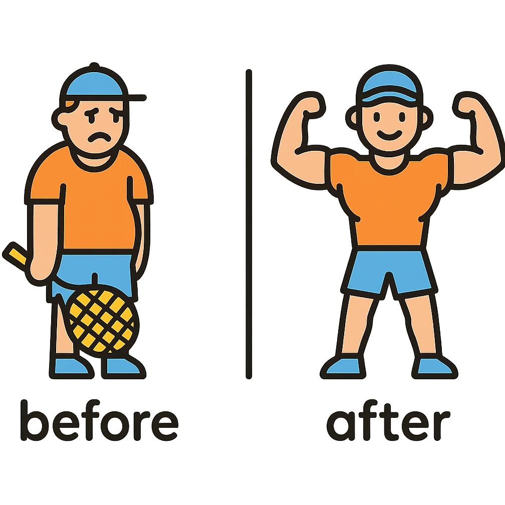 in the picture is devided in to two parts, at the first the sportsman is weak and lazy, but at the second picture the same sportsman is very strong because he doing a workout regularly. There is no line between the picture, at the first picture the is a word before, in the second picture there is a word after emoji