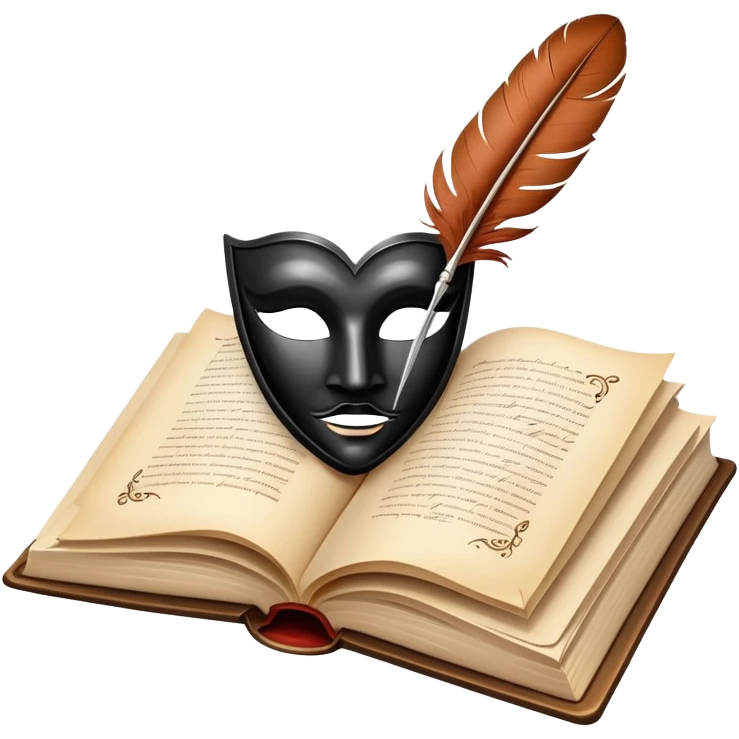 An icon featuring an open book with flowing pages, a feather quill, and classic literary symbols like a theater mask and inkwell. The design includes a subtle parchment background with faint text lines, symbolizing the study of literature. Transparent background emphasizes creativity and analysis. emoji
