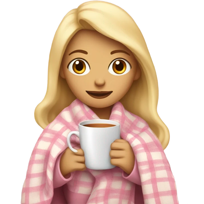 A blonde girl covered in a plaid light pink blanket sipping hot tea emoji