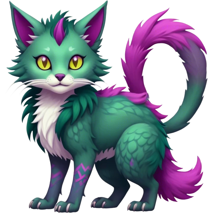 Kawaii dark edgy gloomy dark green ethereal feline-vernid-sergal-fursona animal creature with a tufted tail full body with intricate markings with magenta eyes, yellow Scapha  emoji