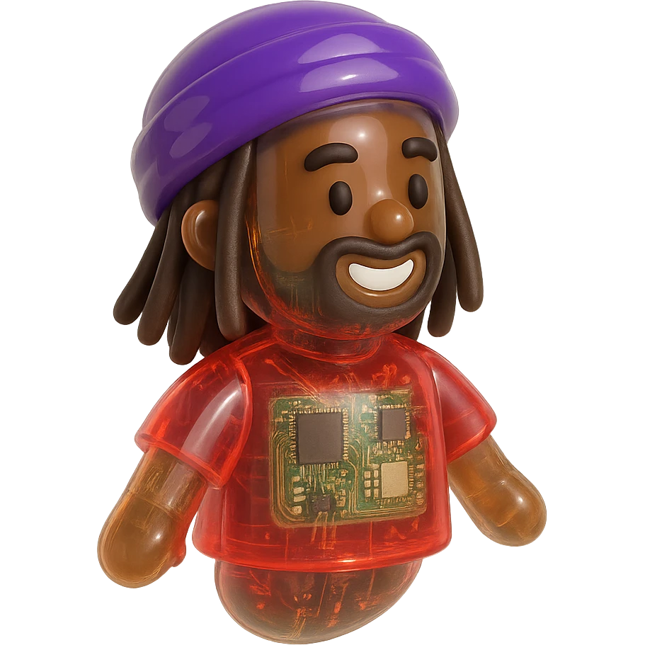 Brownskin man with long brown dreadlocks 
red t-shirt 
purple turban 
expression is happy emoji