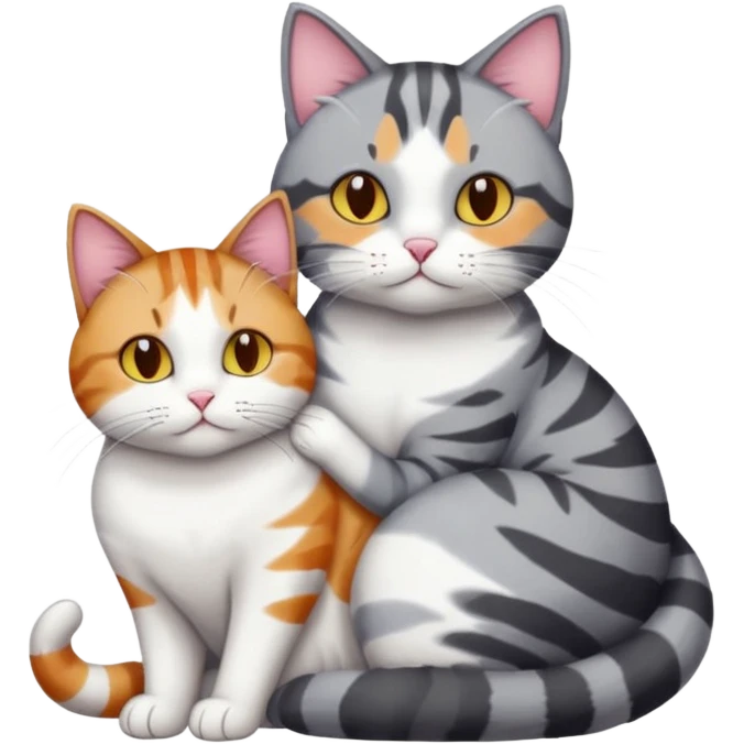 full body colourful light patched calico + white tabby cat cuddling a bigger cat that is dark grey and white tabby cat  and they are in love emoji