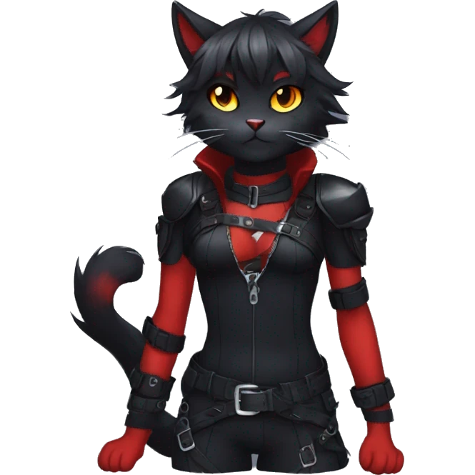 Anthro Edgy Cool Beautiful Black Cat-Fursona-Fakemon with Emo Hair-bangs with Red Streaks Chest Harness emoji