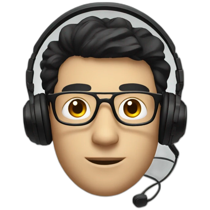 white man with black hair, glasses and a gaming headset emoji
