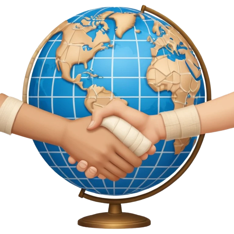 instead of two hands holding a globe, we have two hands handshaking in front of a globe. And in the background, we can see that the globe has a bandage or something.  emoji