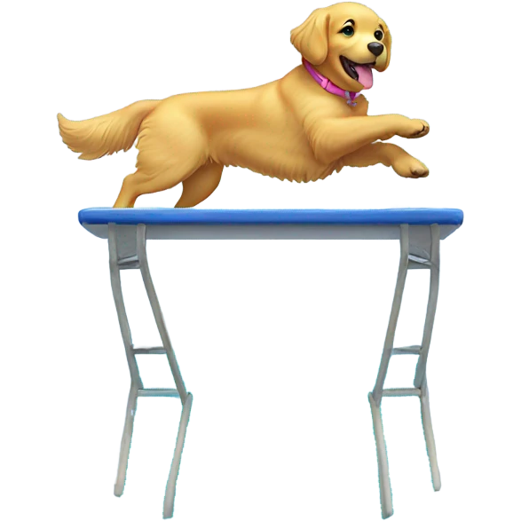 Golden retriever in a bathing suit diving off a platform emoji