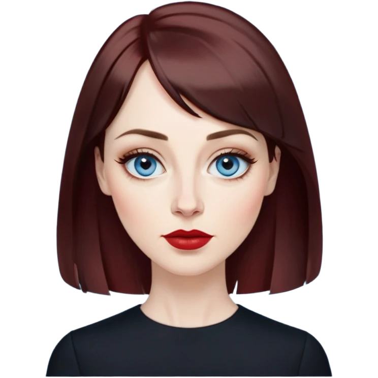Artistic woman in her 40s with pale skin, oval face, large expressive blue eyes with eyeliner, thin arched eyebrows, small nose, full lips with red lipstick, dark auburn hair that's straight with slight waves at ends, straight bangs, wearing a black top, warm creative expression emoji