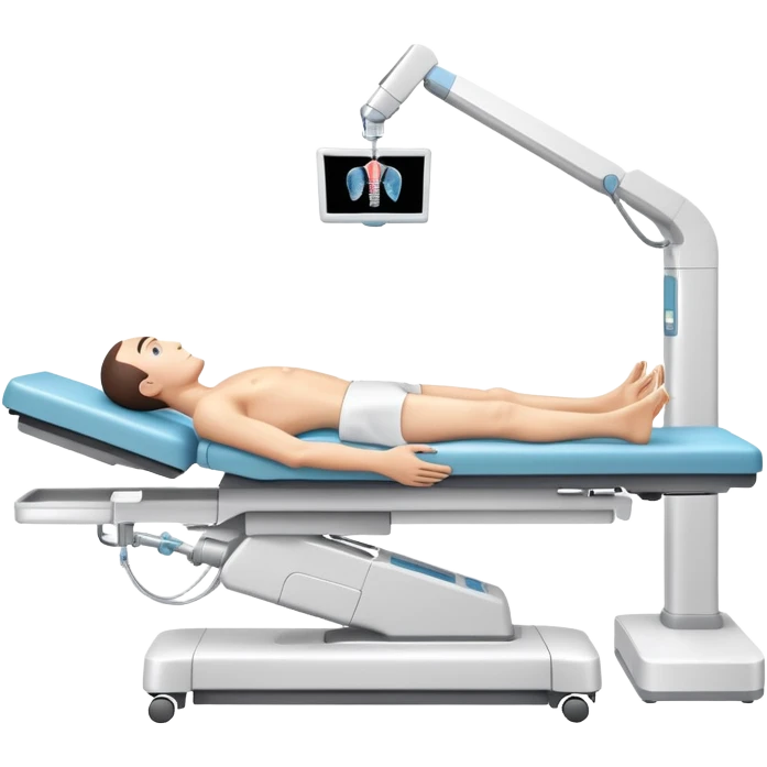 3D medical DEXA scan machine with male patient lying on examination table, bone density measurement equipment with scanning arm over patient emoji