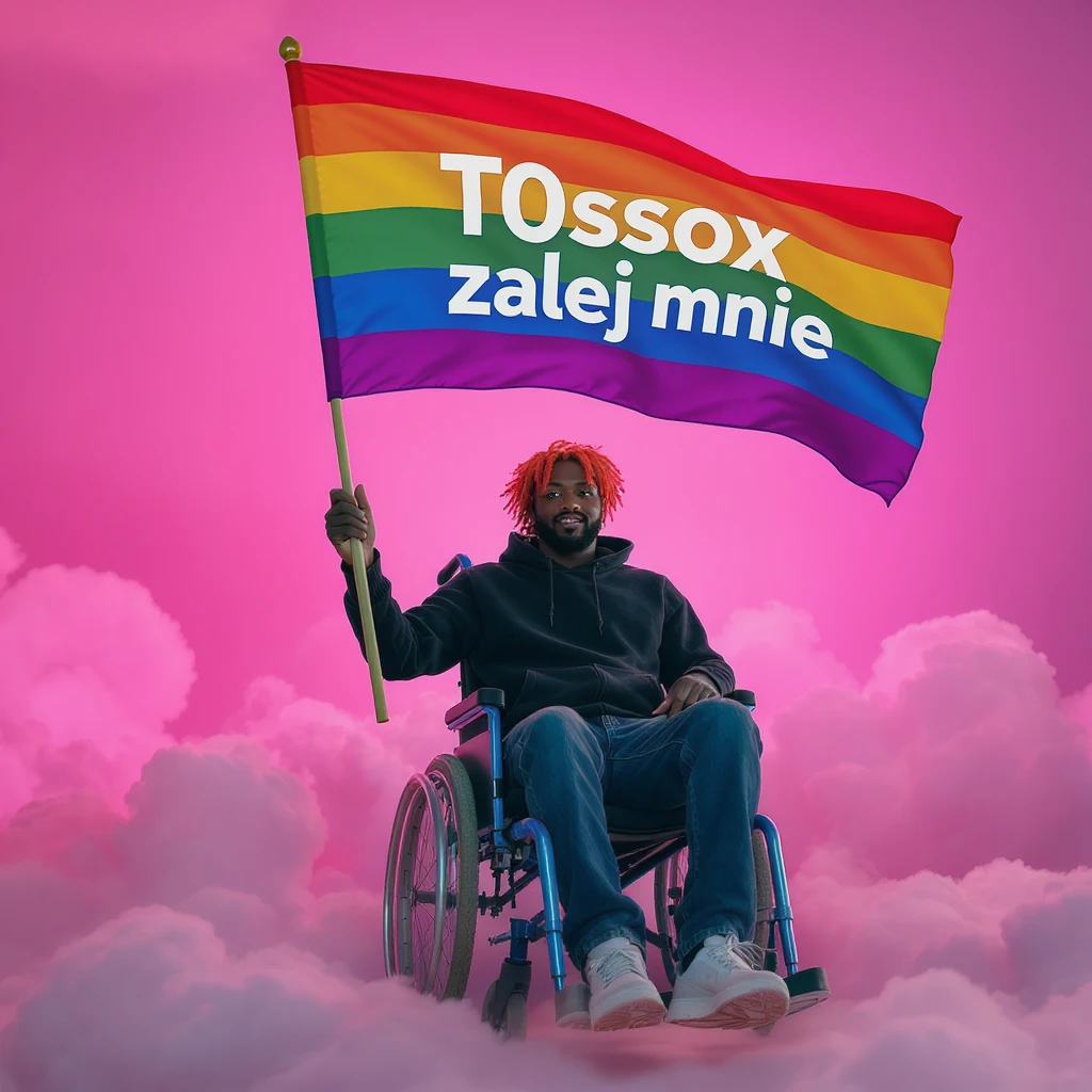 Cinematic shot advertising, Black man with red hair sitting on wheelchair holding lgbt flag holding text "T0ssox zalej mnie" pink clouds around, pink sky with pink back light emoji