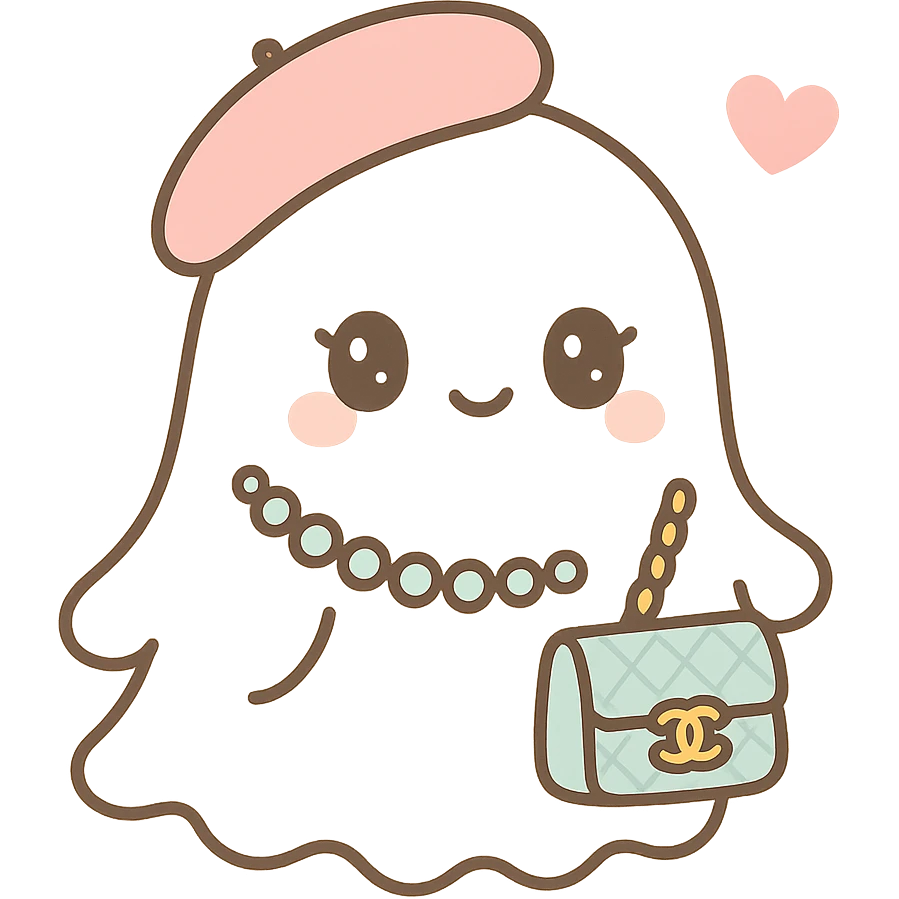 a cute ghost inspired by Chanel, elegant details, chic fashionable vibe emoji