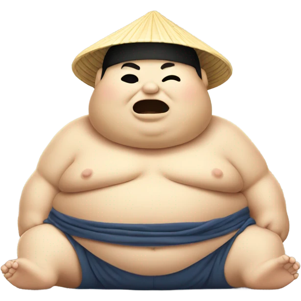 Fat sumo wrestler with a japanese hat on eaitng noodles emoji