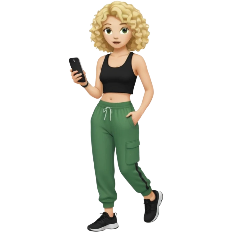 A white curly with curly blonde hair wearing a black crop top and baggy green sweatpants walking holding her tan i phone emoji