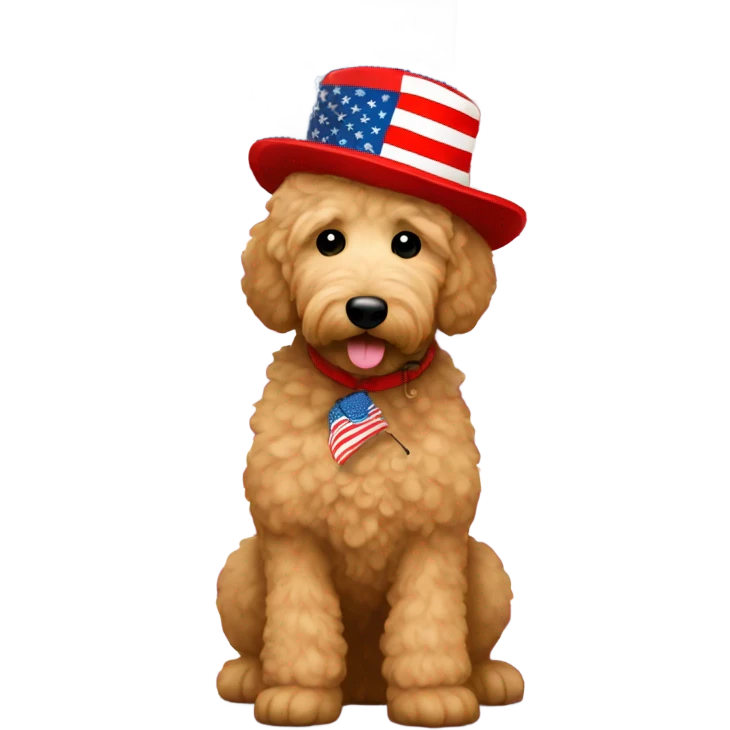Golden doodle in front of USA flag wearing red hat  emoji