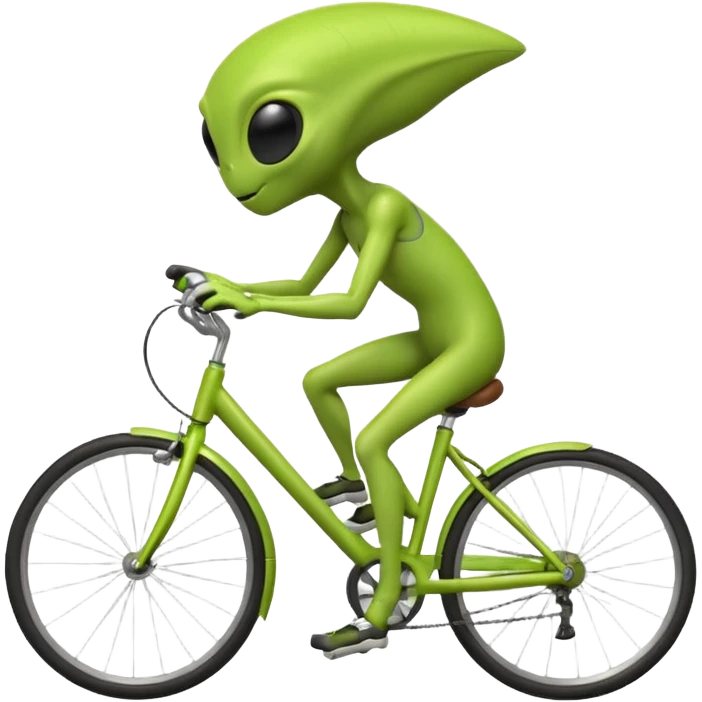 green alien riding a bicycle, big black eyes, thin body, casual cycling pose, playful sci-fi vibe, 3D cartoon, mobile game icon style, clean background, no text, no watermark
 emoji