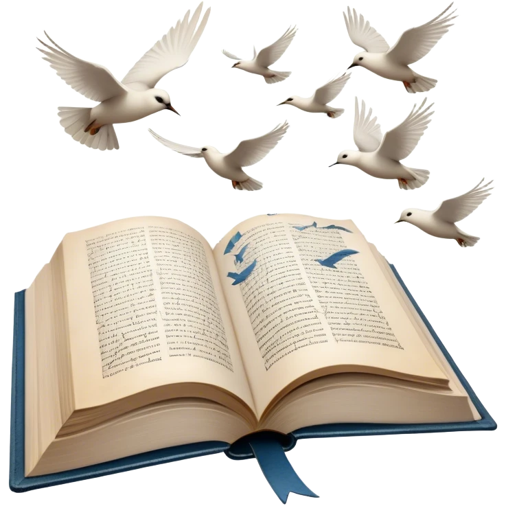 Icon for Poetry Reading: an open book with verses on the pages, from which fly pages transforming into a large flock of small white birds soaring into the blue sky. The icon should evoke the freedom and beauty of poetry. Transparent background. emoji
