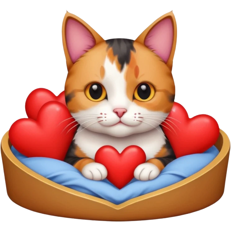 Cat in a bed holding a big heart emoji