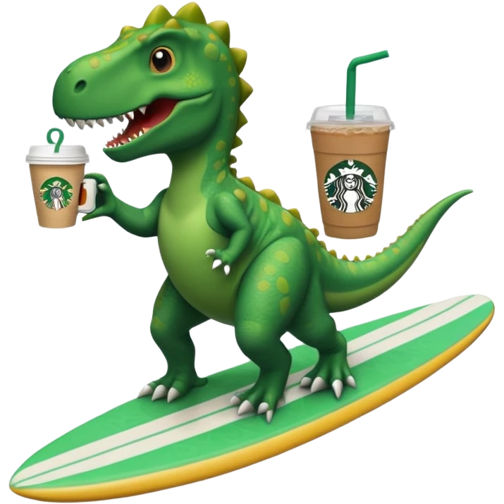 A dinosaur on a surfboard holding Starbucks emoji