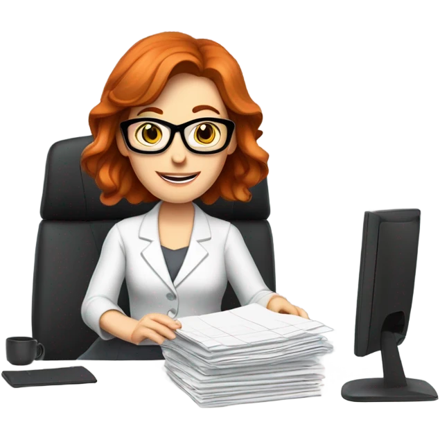 red hair woman nutritionist wearing glasses desk monitor stack paper emoji