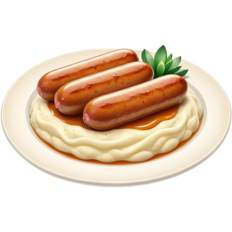 Cinematic Realistic Bangers and Mash Dish Emoji, featuring succulent pork sausages paired with creamy mashed potatoes rendered with detailed textures and natural highlights that emphasize its robust, hearty flavor. emoji