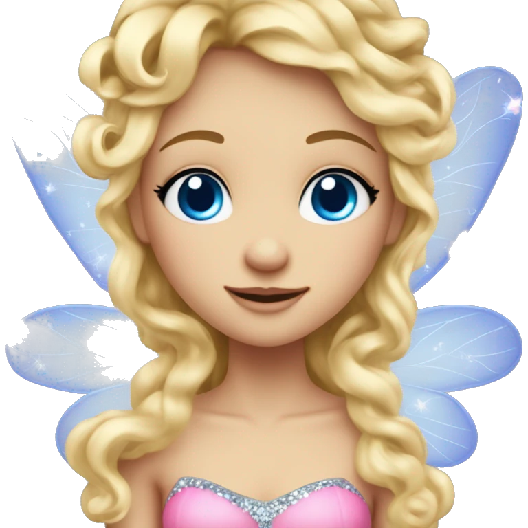 Create a blonde haired fairy with blue eyes and a pink dress with sparkly wings. The fairy has long, curly hair with a lot of volume emoji